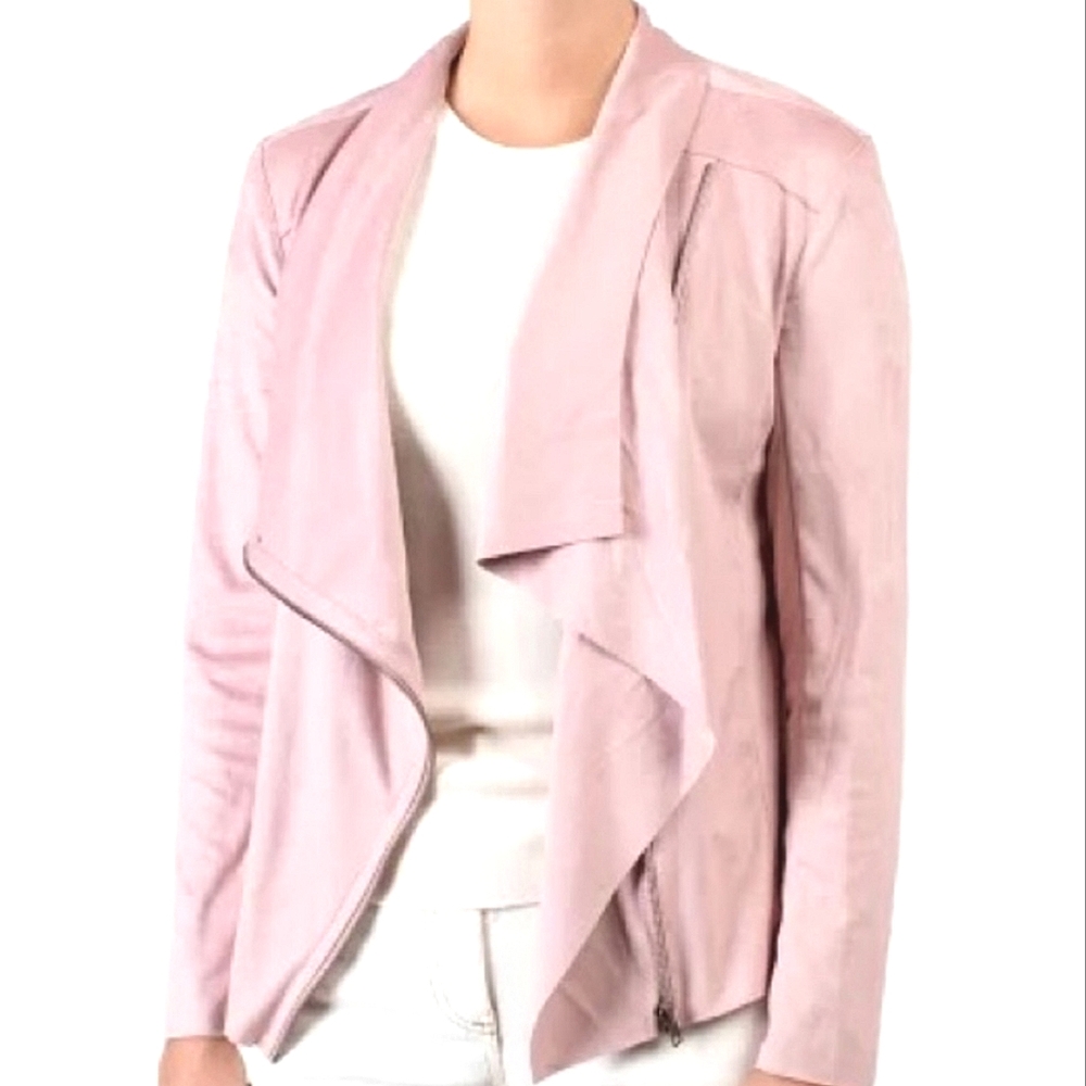 Mote pink faux suede moto jacket.